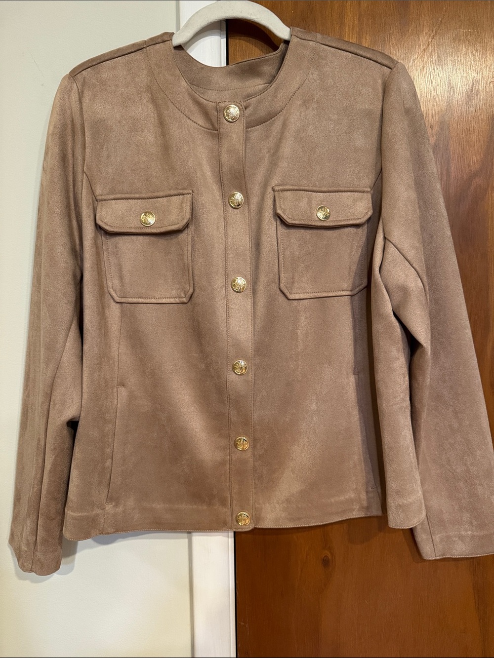 Women's Taupe Button-Front Faux Suede Jacket